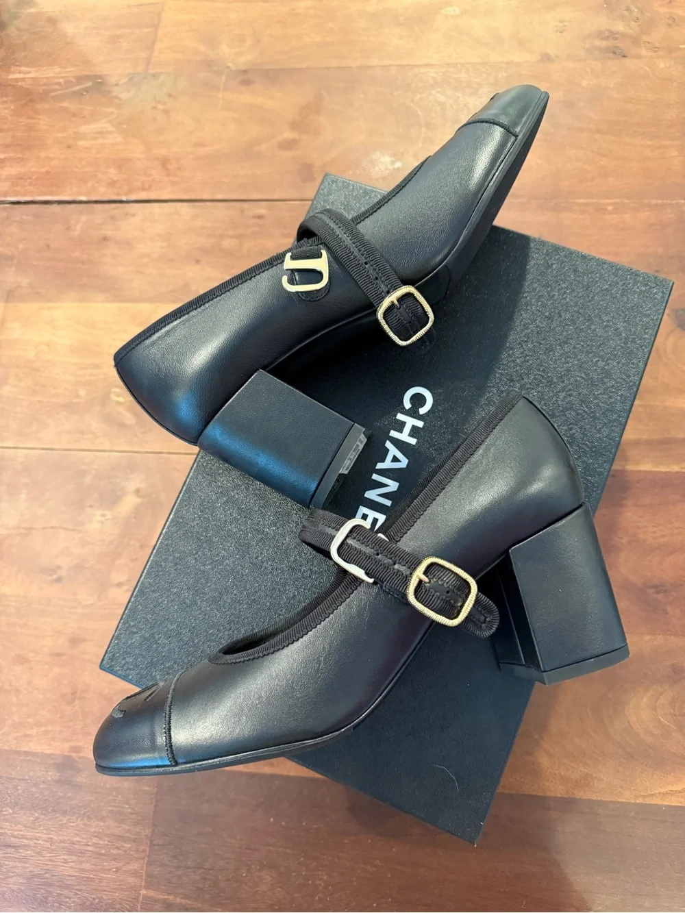 NWT CHANEL Black Leather Mary Jane Block Heels with Gold Buckle